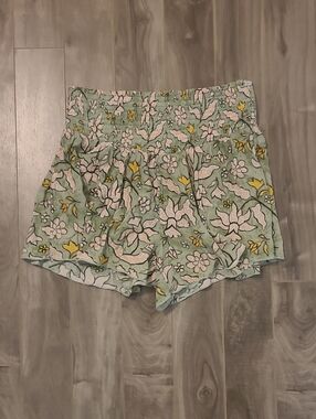 aerie Floral Print High-Waist Smocked Shorts in Mint with Pink & Yellow